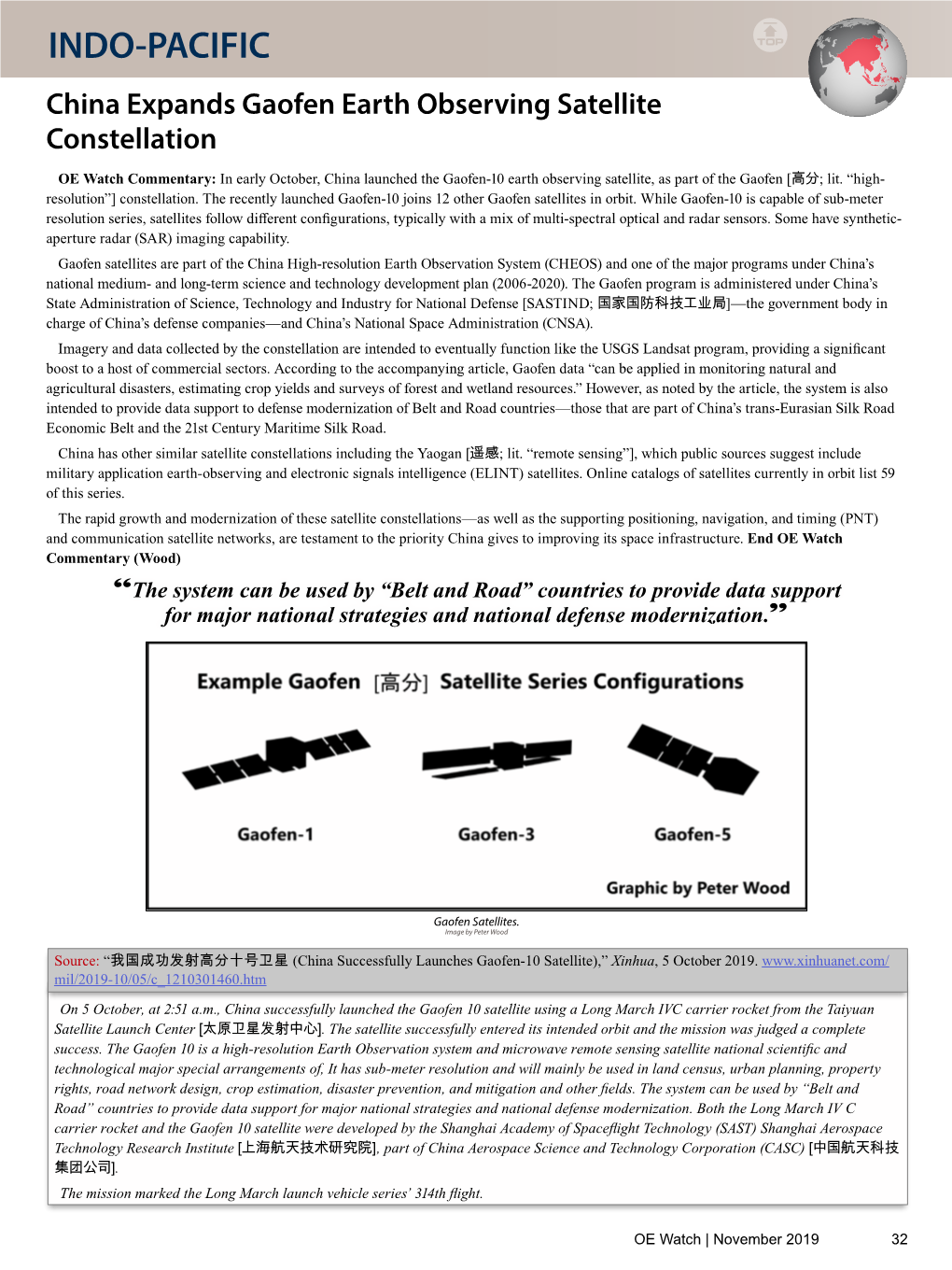 INDO-PACIFIC China Expands Gaofen Earth Observing Satellite Constellation