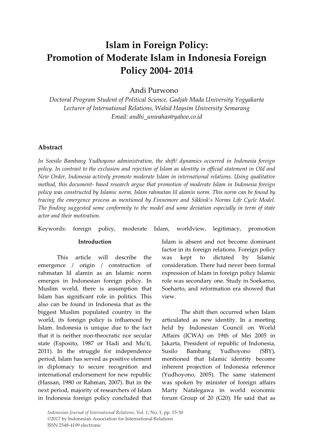 Islam in Foreign Policy: Promotion of Moderate Islam in Indonesia Foreign Policy 2004- 2014