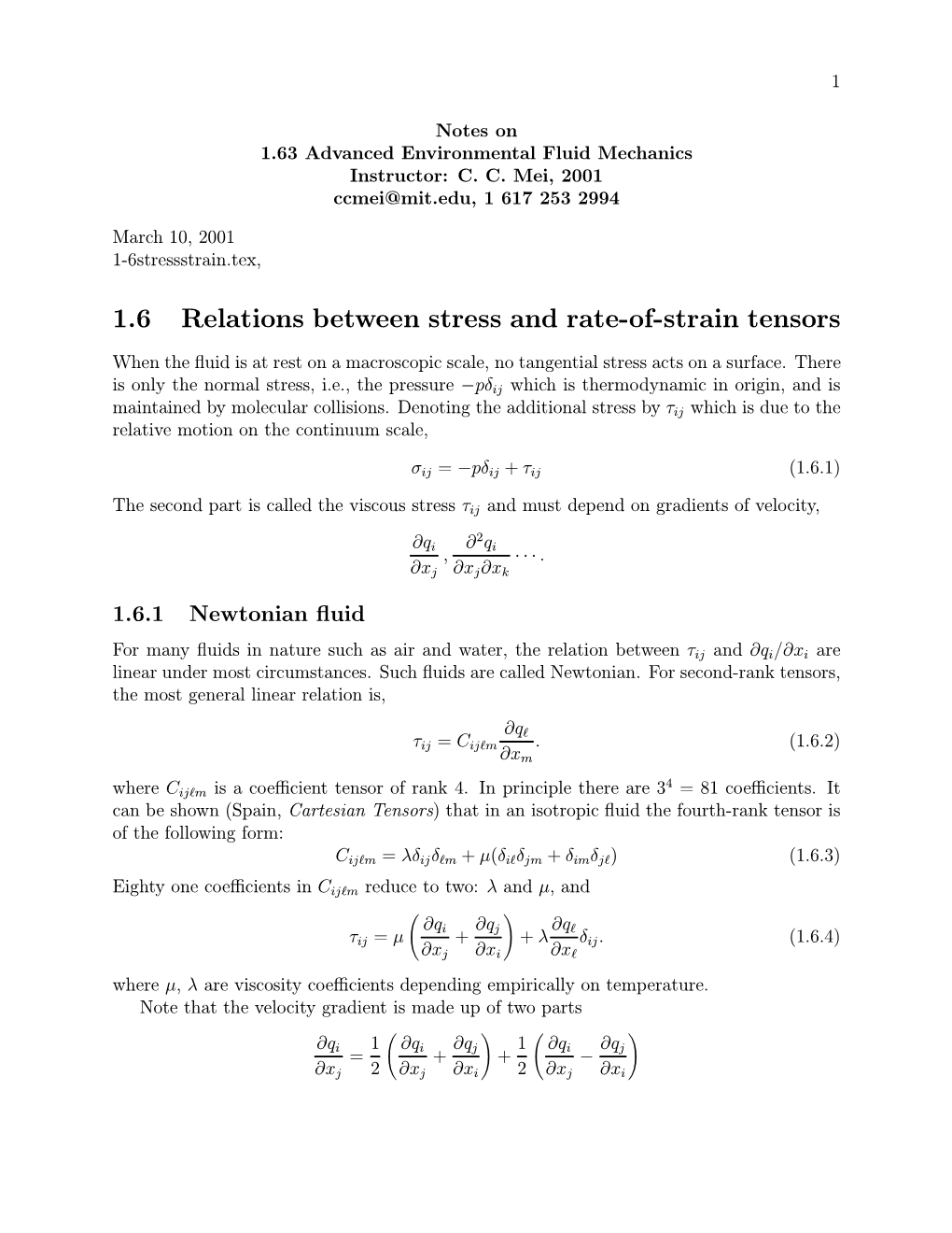 1-6 Relations Between Stress and Rate-Of-Strain Tensors