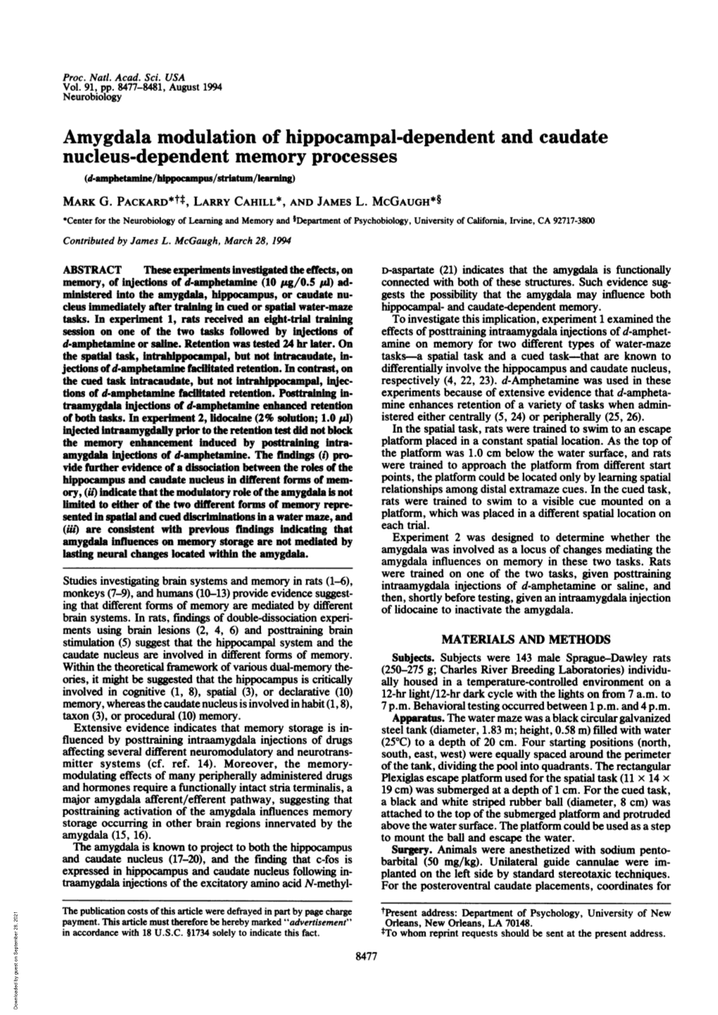 Amygdala Modulation of Hippocampal-Dependent and Caudate Nucleus-Dependent Memory Processes (D-Ampheae/Hppocampus/Statm/Lanig) MARK G