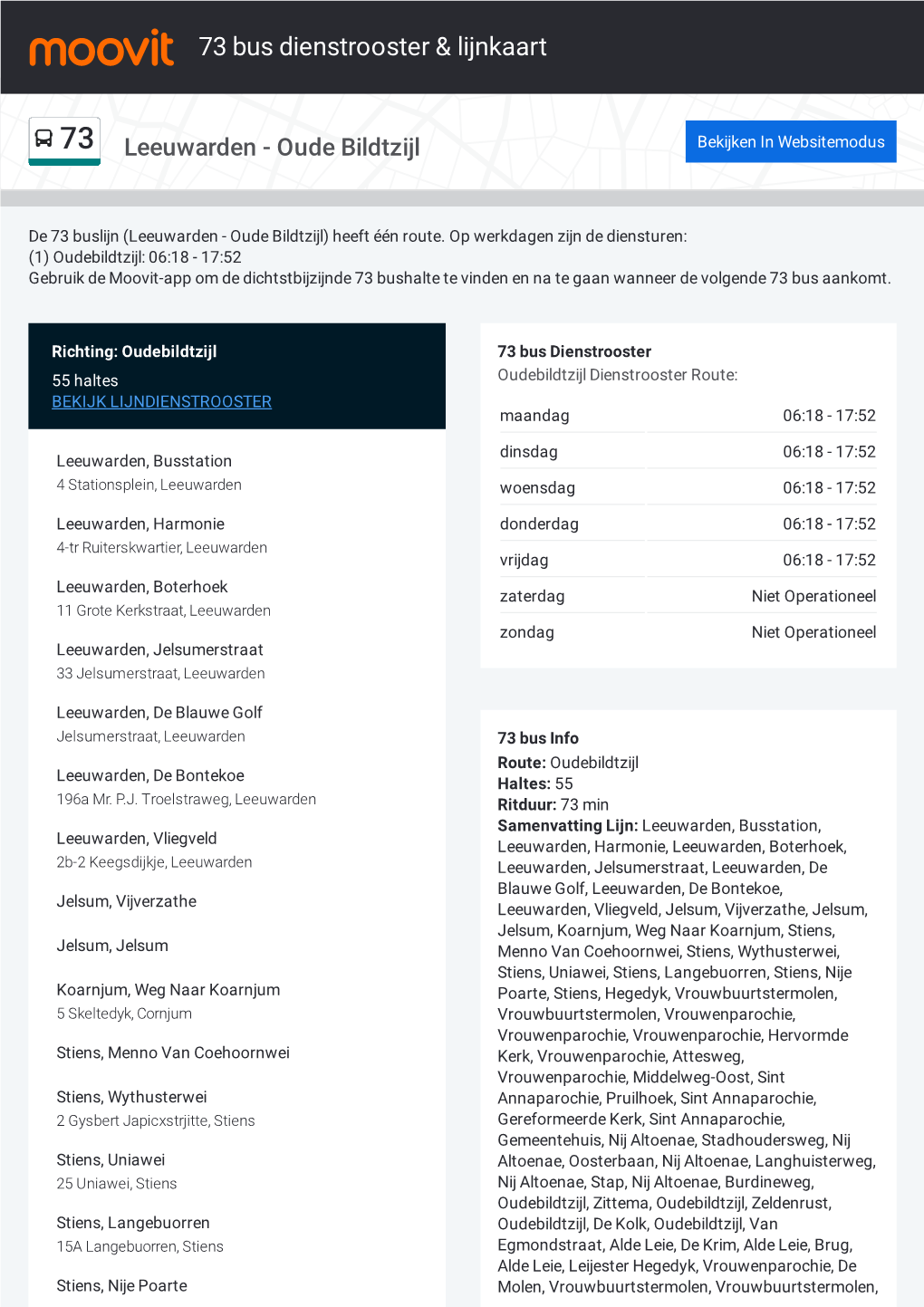 73 Bus Dienstrooster & Lijnroutekaart