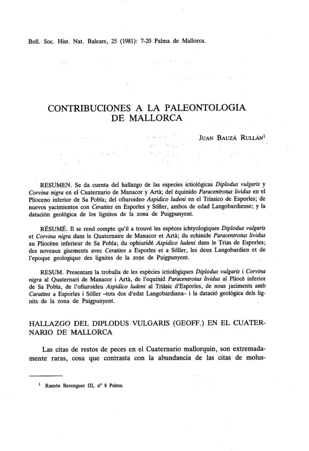 Contribuciones a La Paleontologia De Mallorca