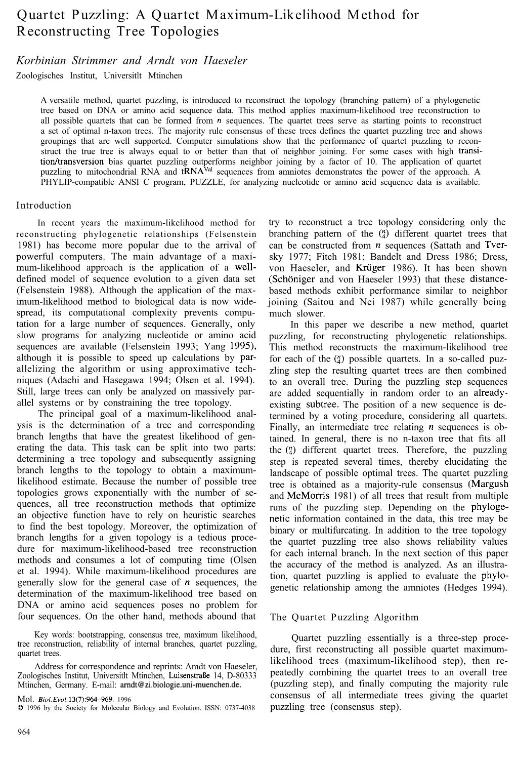 Quartet Puzzling: a Quartet Maximum-Likelihood Method for Reconstructing Tree Topologies