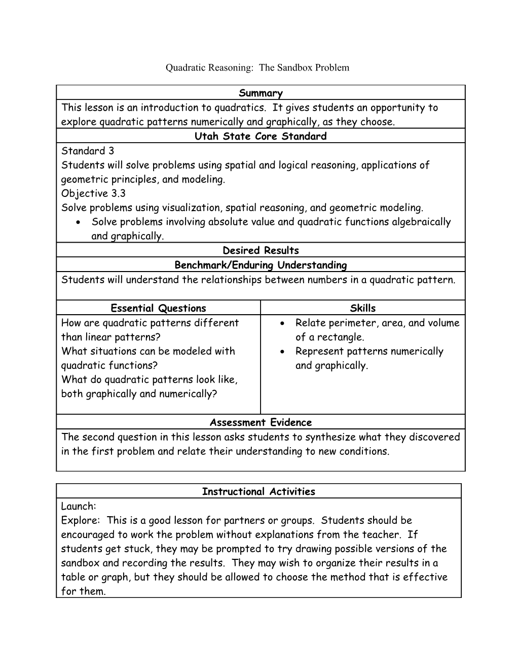 Quadratic Reasoning: the Sandbox Problem