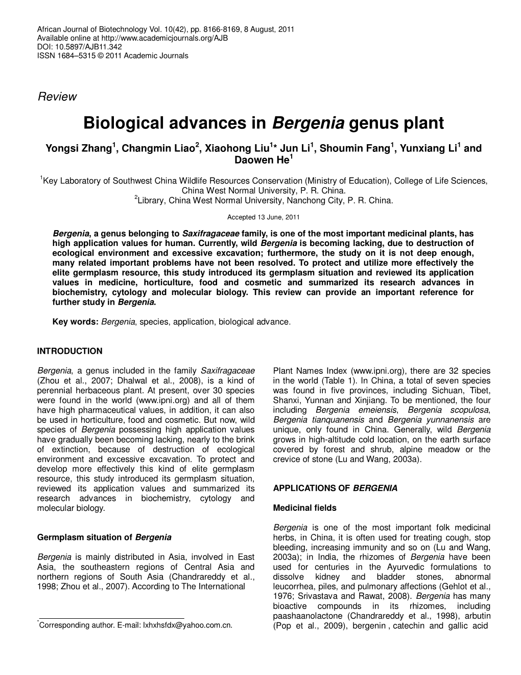Biological Advances in Bergenia Genus Plant