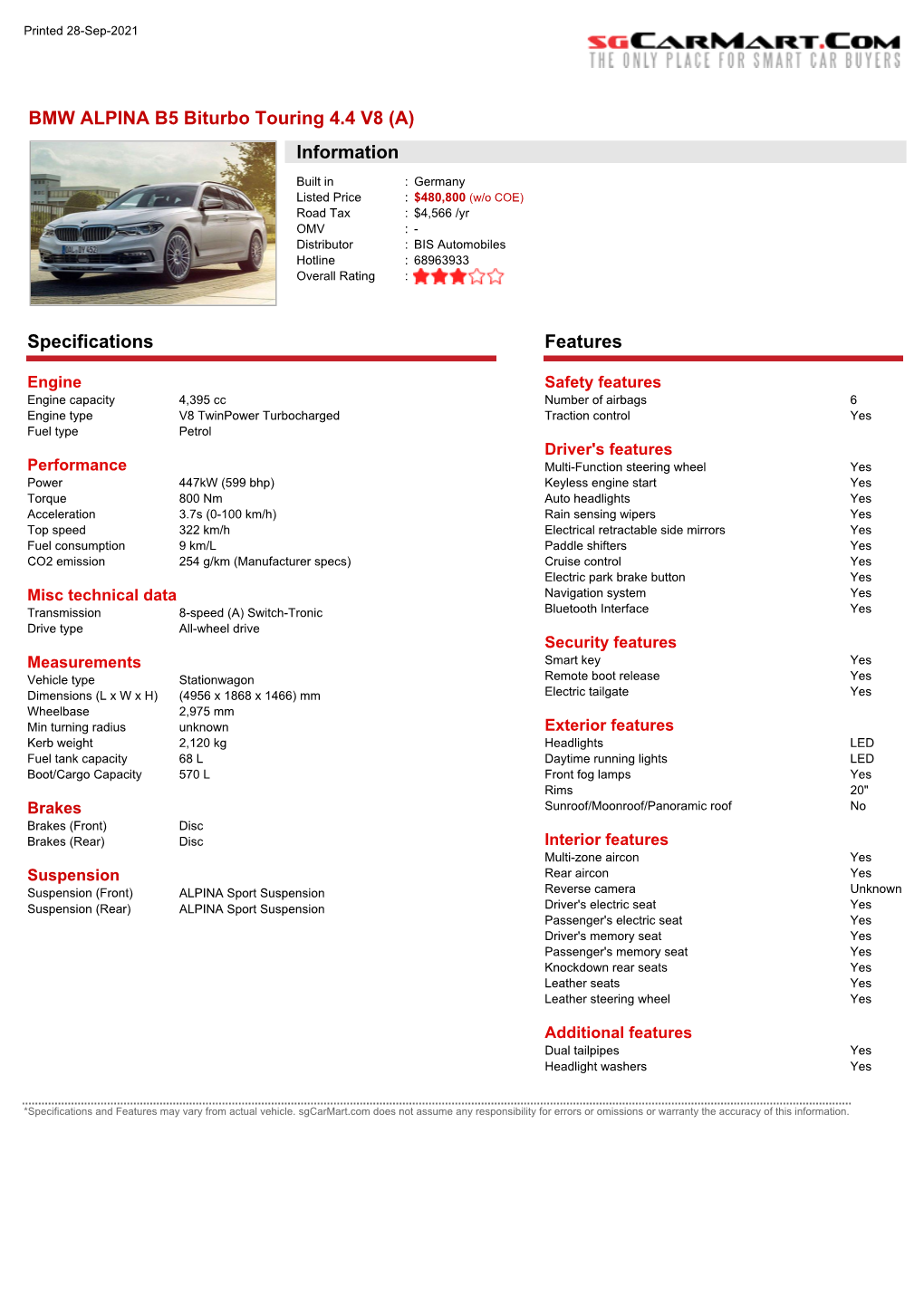 BMW ALPINA B5 Biturbo Touring 4.4 V8 (A) Information
