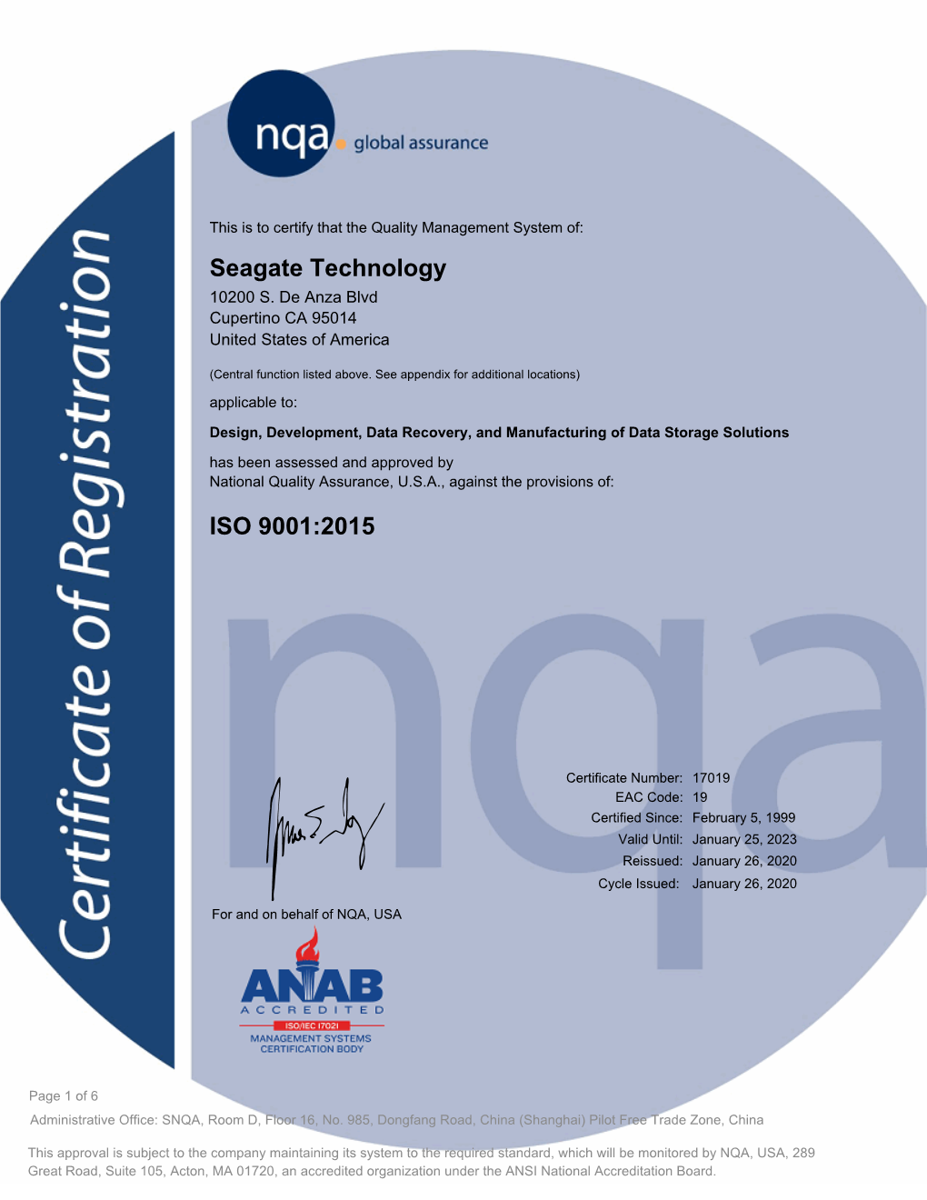 Seagate Technology ISO 9001:2015