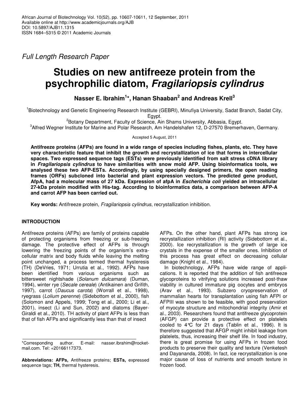 Studies on New Antifreeze Protein from the Psychrophilic Diatom, Fragilariopsis Cylindrus