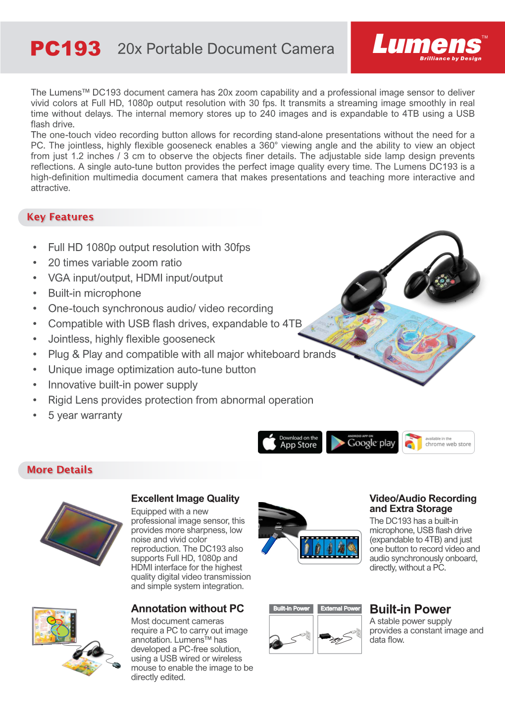 PC193 20X Portable Document Camera