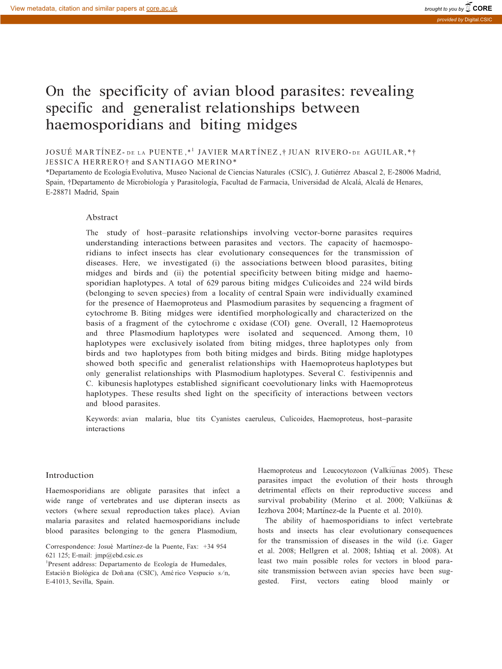 On the Specificity of Avian Blood Parasites: Revealing Specific and Generalist Relationships Between Haemosporidians and Biting Midges