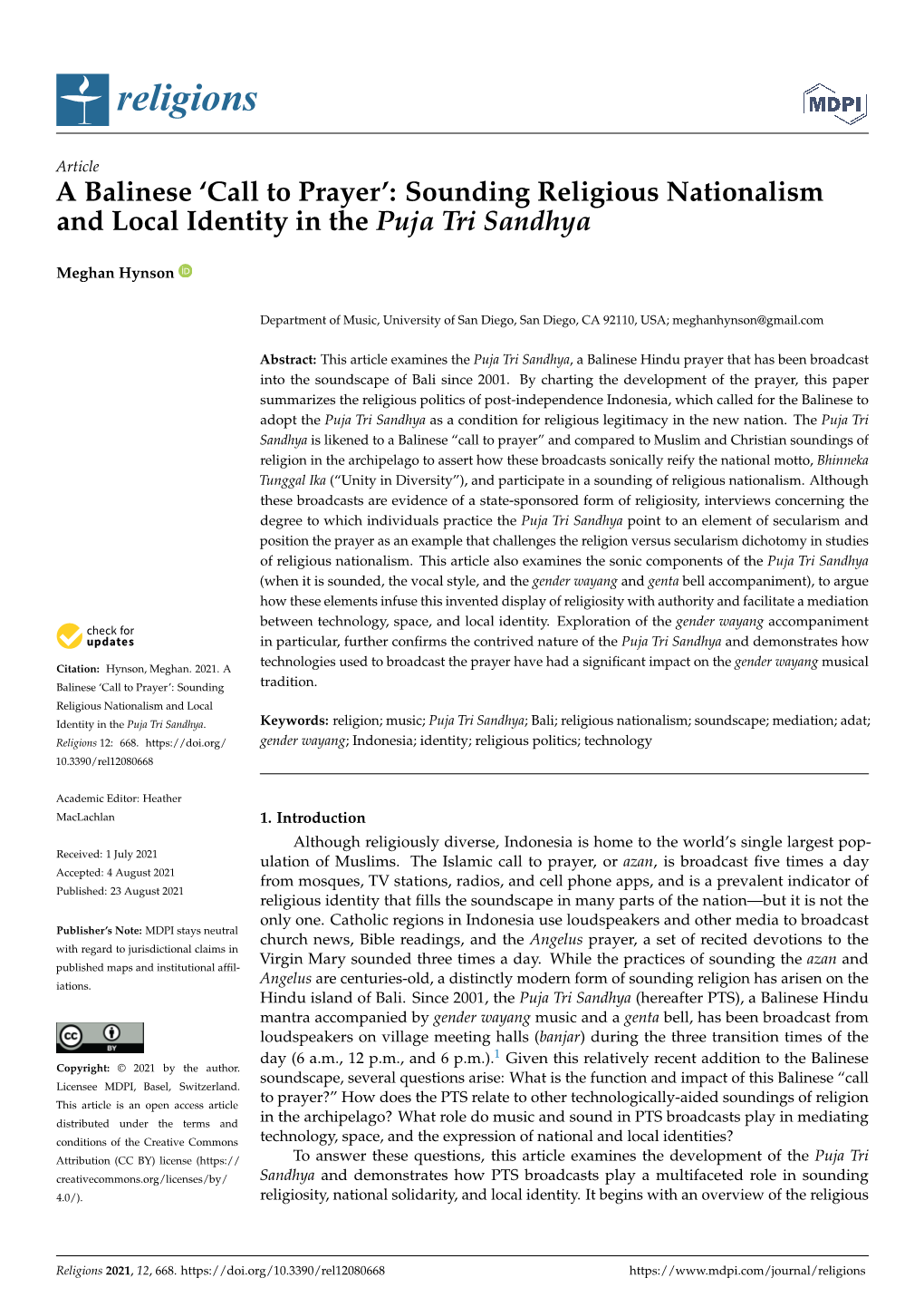 Sounding Religious Nationalism and Local Identity in the Puja Tri Sandhya