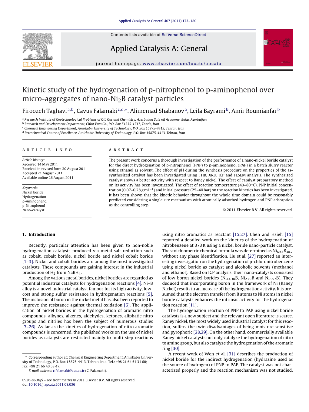 Kinetic Study of the Hydrogenation of P-Nitrophenol to P-Aminophenol Over