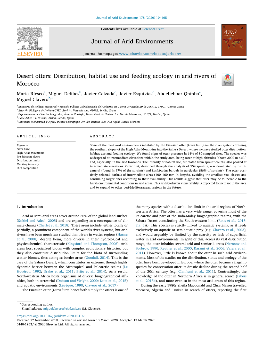 Desert Otters Distribution, Habitat Use and Feeding Ecology in Arid Rivers of Morocco