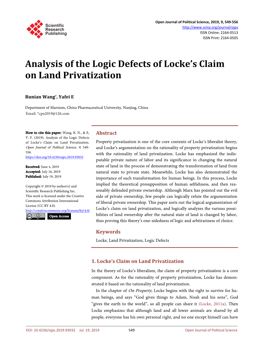 Analysis of the Logic Defects of Locke's Claim on Land Privatization