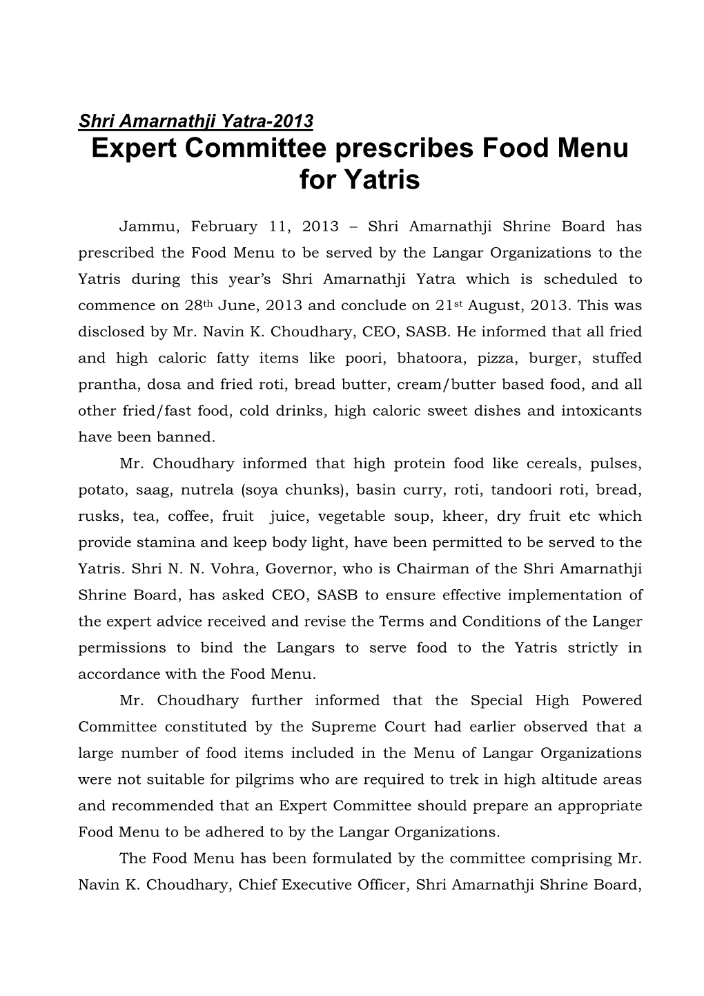 Expert Committee Prescribes Food Menu for Yatris