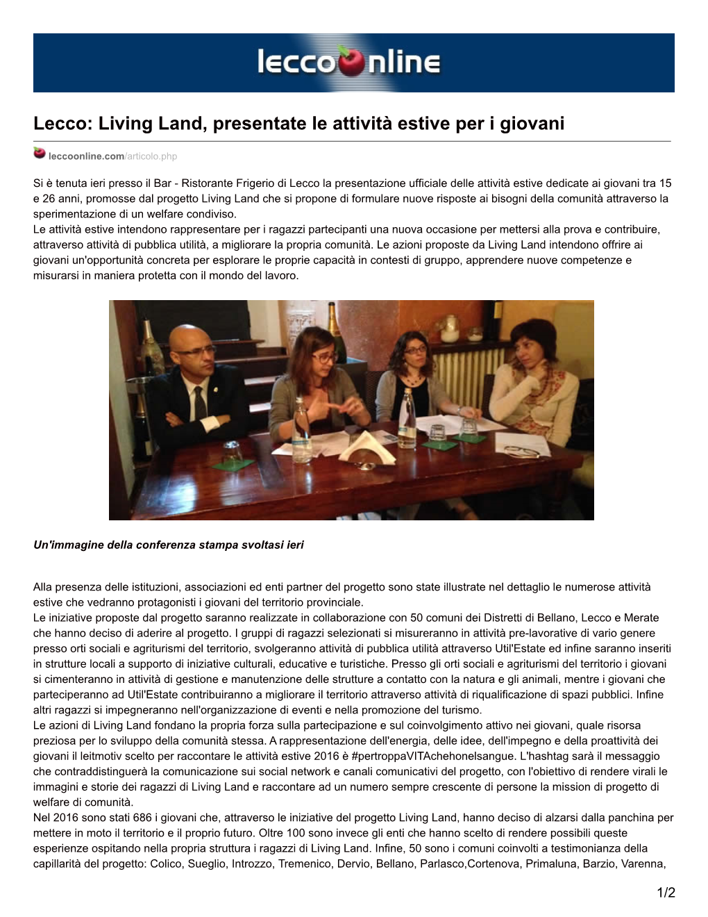 Lecco: Living Land, Presentate Le Attività Estive Per I Giovani