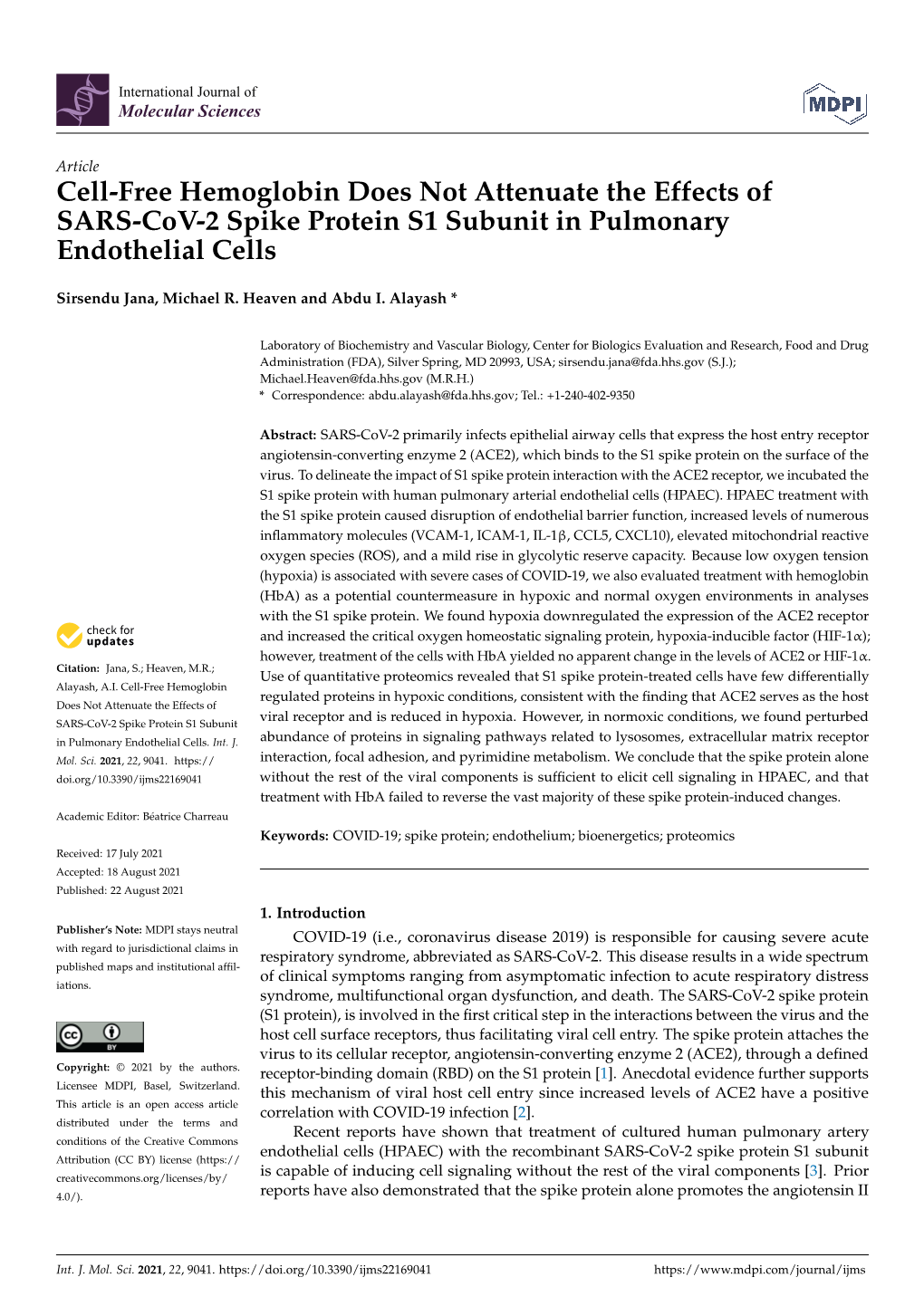 Cell-Free Hemoglobin Does Not Attenuate the Effects of SARS-Cov-2 Spike Protein S1 Subunit in Pulmonary Endothelial Cells