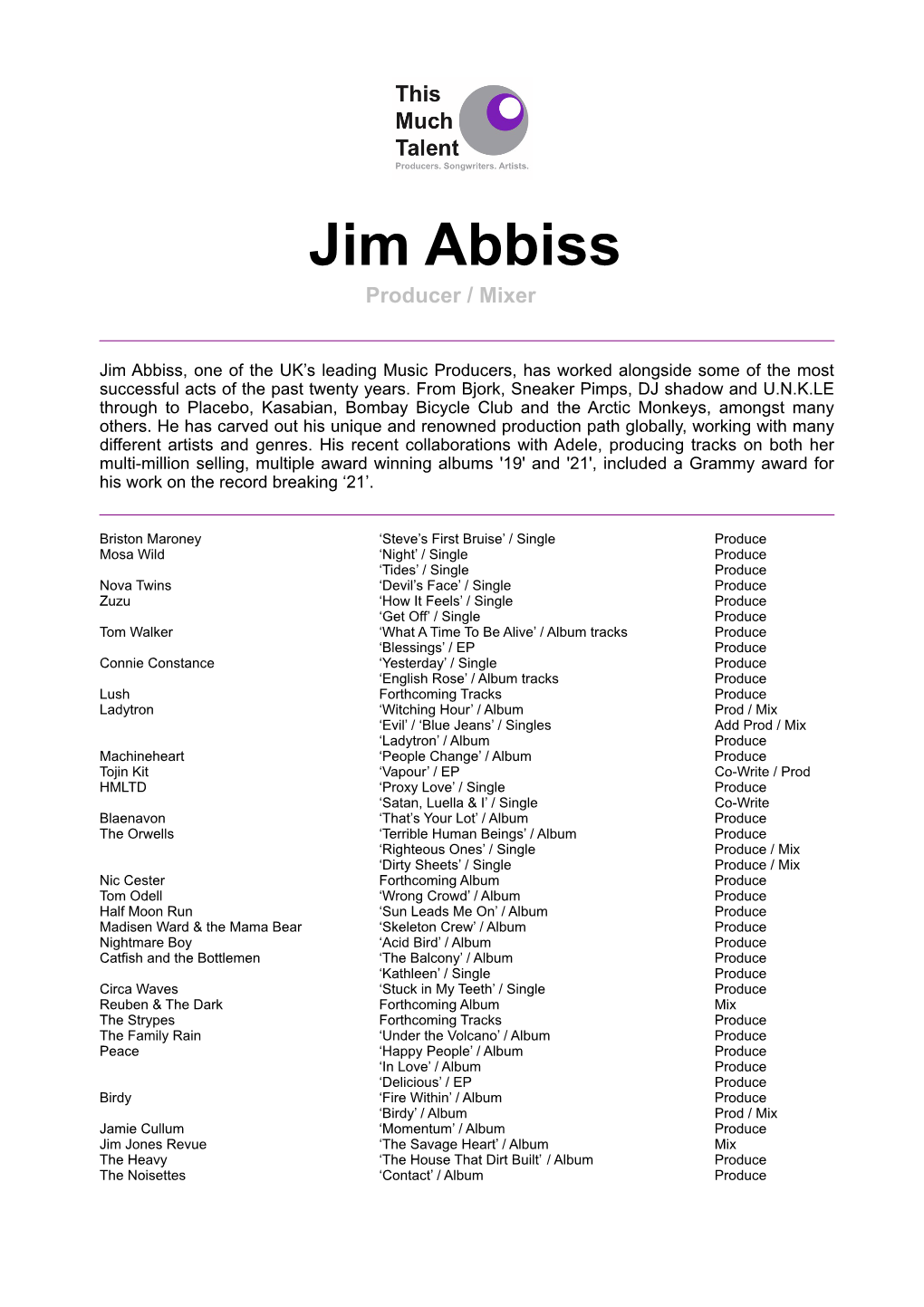 Jim Abbiss Complete CV