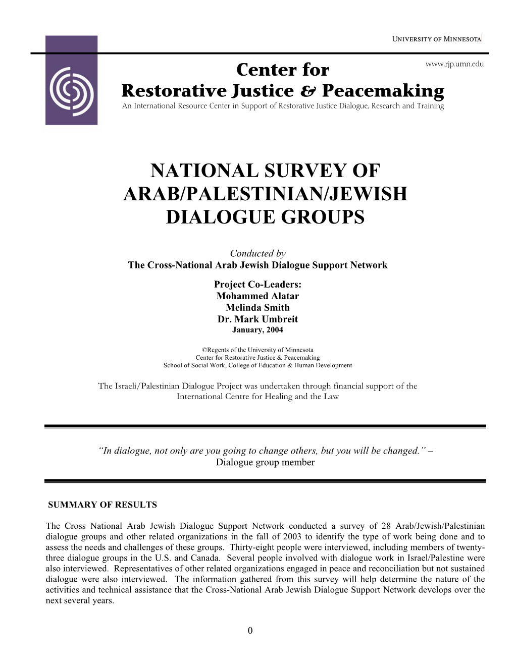 National Survey of Arab/Palestinian/Jewish Dialogue Groups