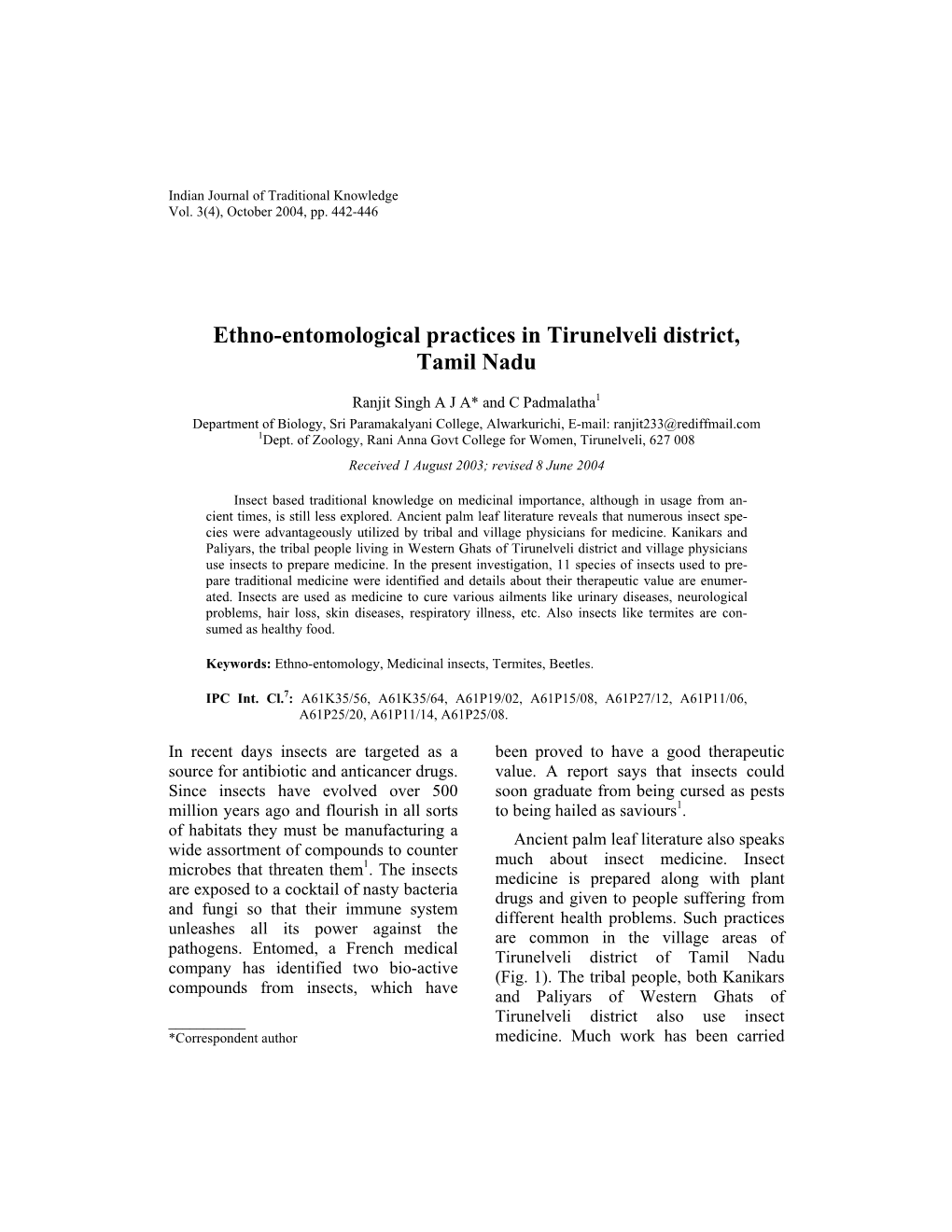 Ethno-Entomological Practices in Tirunelveli District, Tamil Nadu