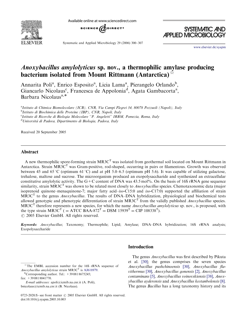 Anoxybacillus Amylolyticus Sp. Nov., a Thermophilic Amylase Producing Bacterium Isolated from Mount Rittmann (Antarctica)