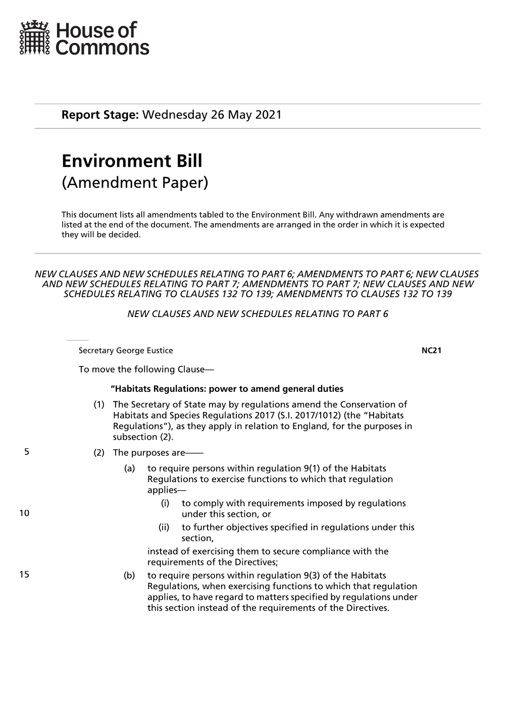 Environment Bill (Amendment Paper)