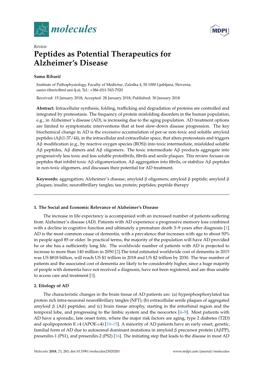 Peptides As Potential Therapeutics for Alzheimer's Disease