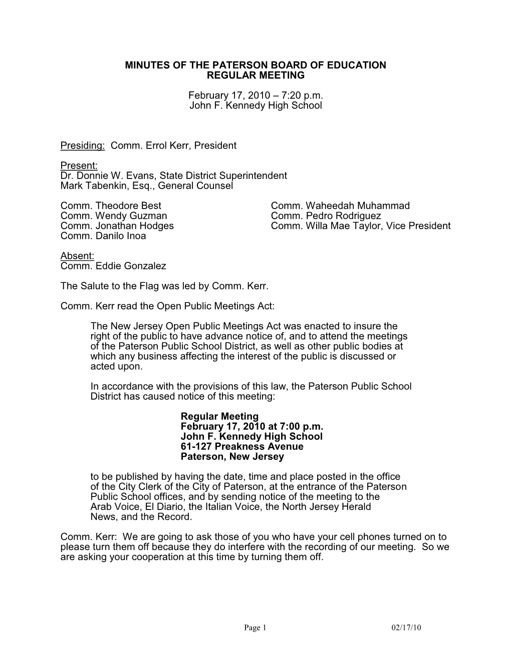 Minutes of the Paterson Board of Education Regular Meeting