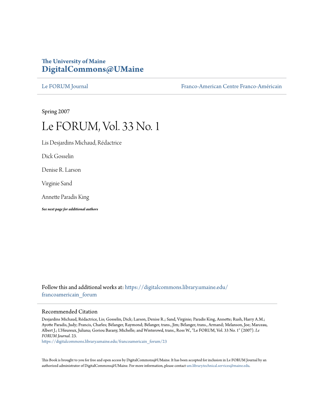 Le FORUM, Vol. 33 No. 1 Lis Desjardins Michaud, Rédactrice