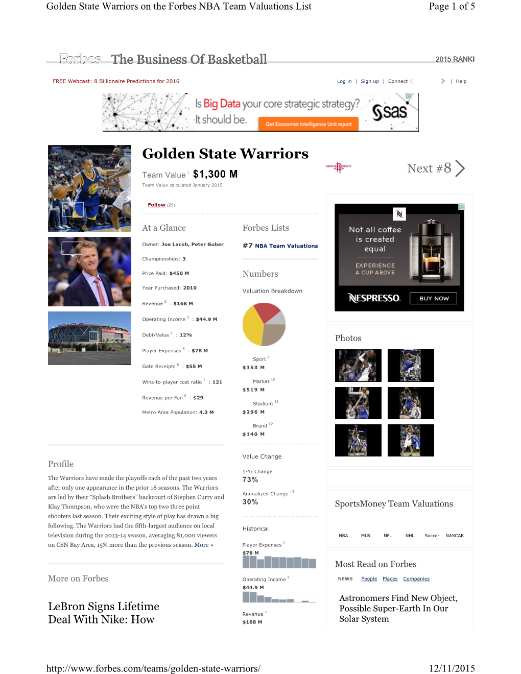 Golden State Warriors on the Forbes NBA Team Valuations List Page 1 of 5