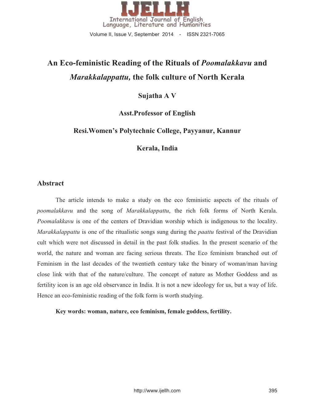 An Eco-Feministic Reading of the Rituals of Poomalakkavu and Marakkalappattu, the Folk Culture of North Kerala