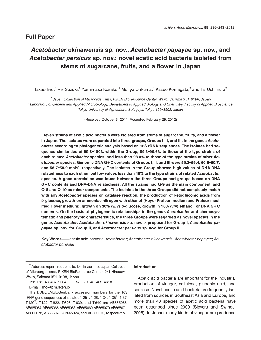 Acetobacter Okinawensis Sp. Nov., Acetobacter Papayae Sp. Nov., and Acetobacter Persicus Sp