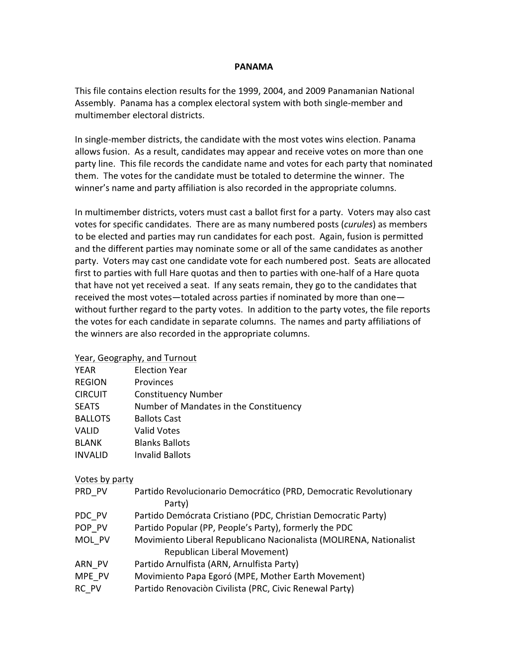 PANAMA This File Contains Election Results for the 1999, 2004, And