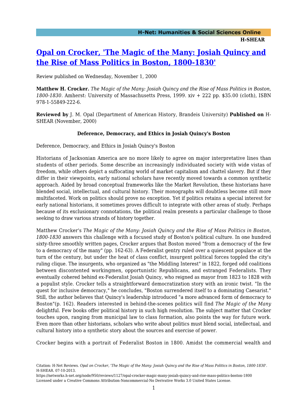 The Magic of the Many: Josiah Quincy and the Rise of Mass Politics in Boston, 1800-1830'