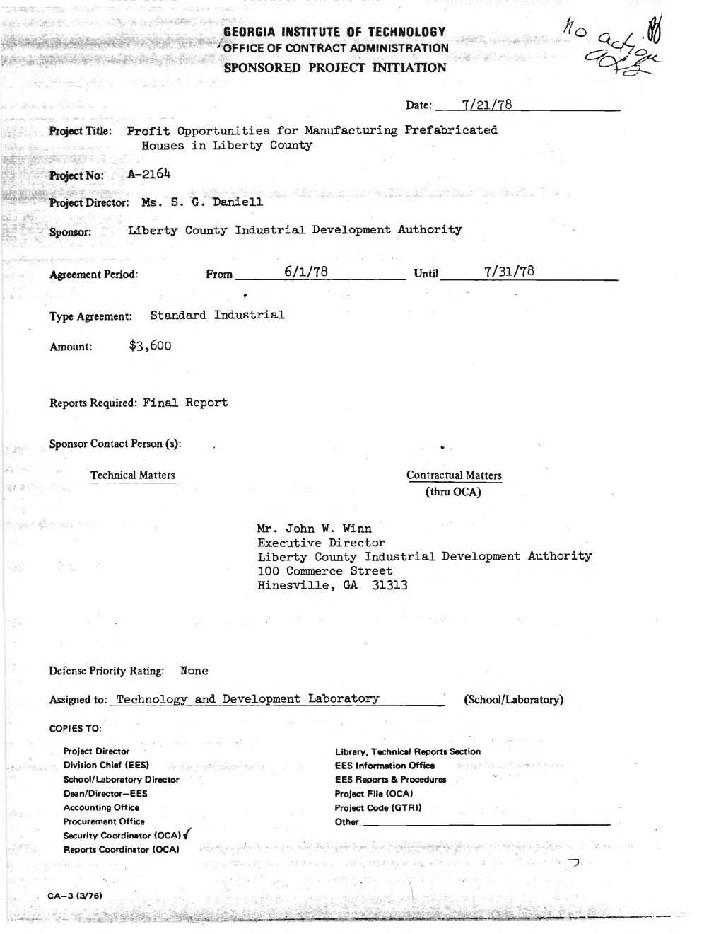 7/21/78 6/1/78 7/31/78 Assigned To: Technology and Development