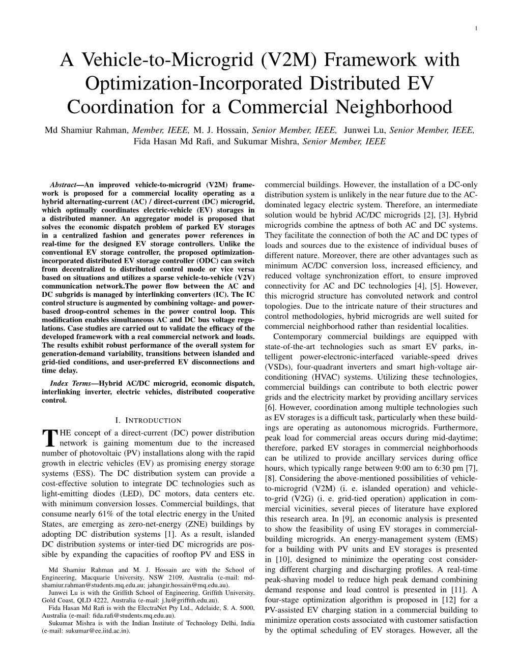 A Vehicle-To-Microgrid (V2M) Framework with Optimization-Incorporated Distributed EV Coordination for a Commercial Neighborhood Md Shamiur Rahman, Member, IEEE, M