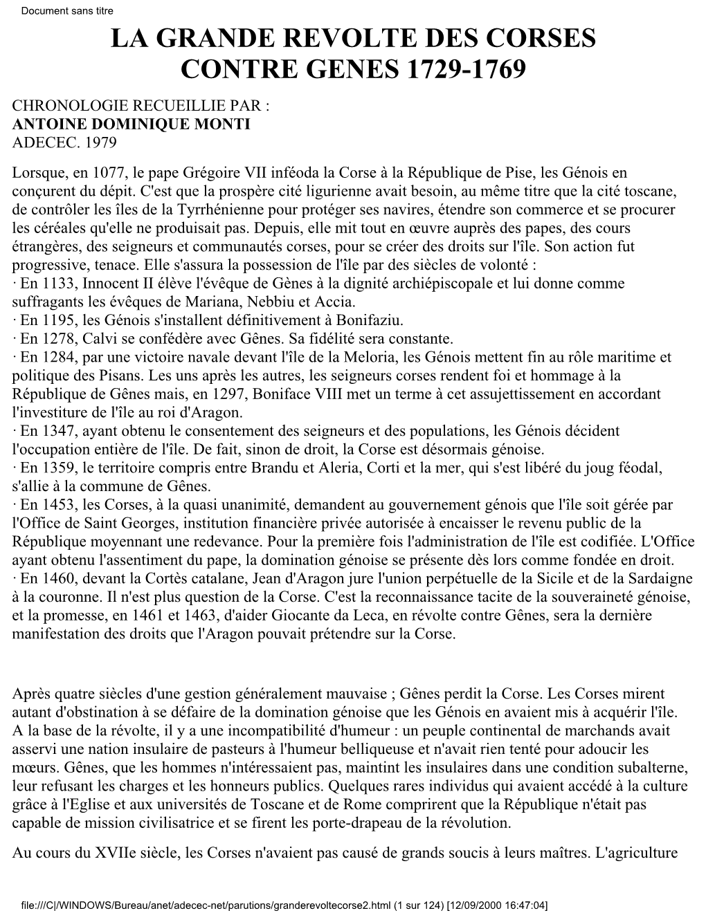 Document Sans Titre LA GRANDE REVOLTE DES CORSES CONTRE GENES 1729-1769 CHRONOLOGIE RECUEILLIE PAR : ANTOINE DOMINIQUE MONTI ADECEC