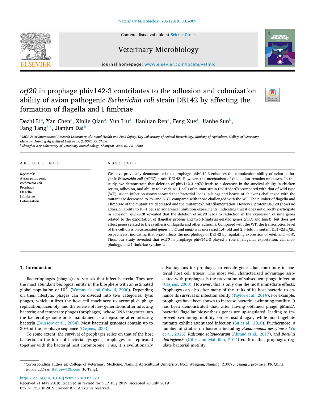 Orf20 in Prophage Phiv142-3 Contributes to the Adhesion And