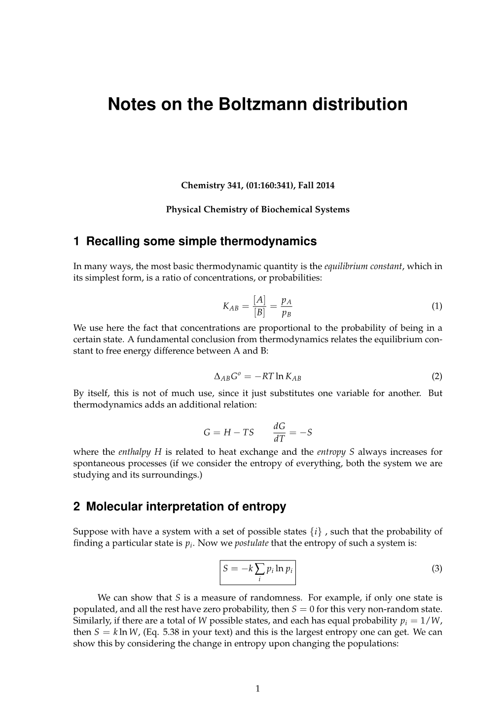 Notes on the Boltzmann Distribution