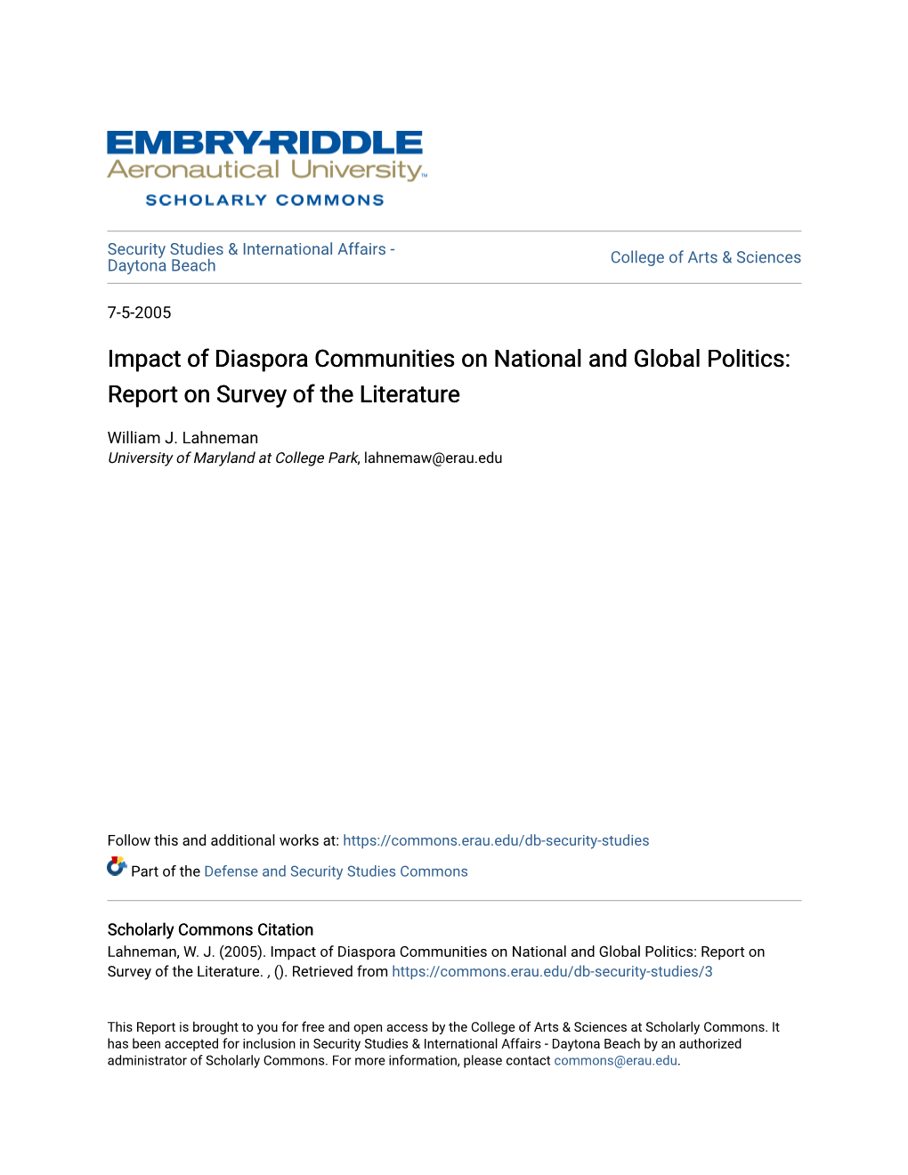 Impact of Diaspora Communities on National and Global Politics: Report on Survey of the Literature