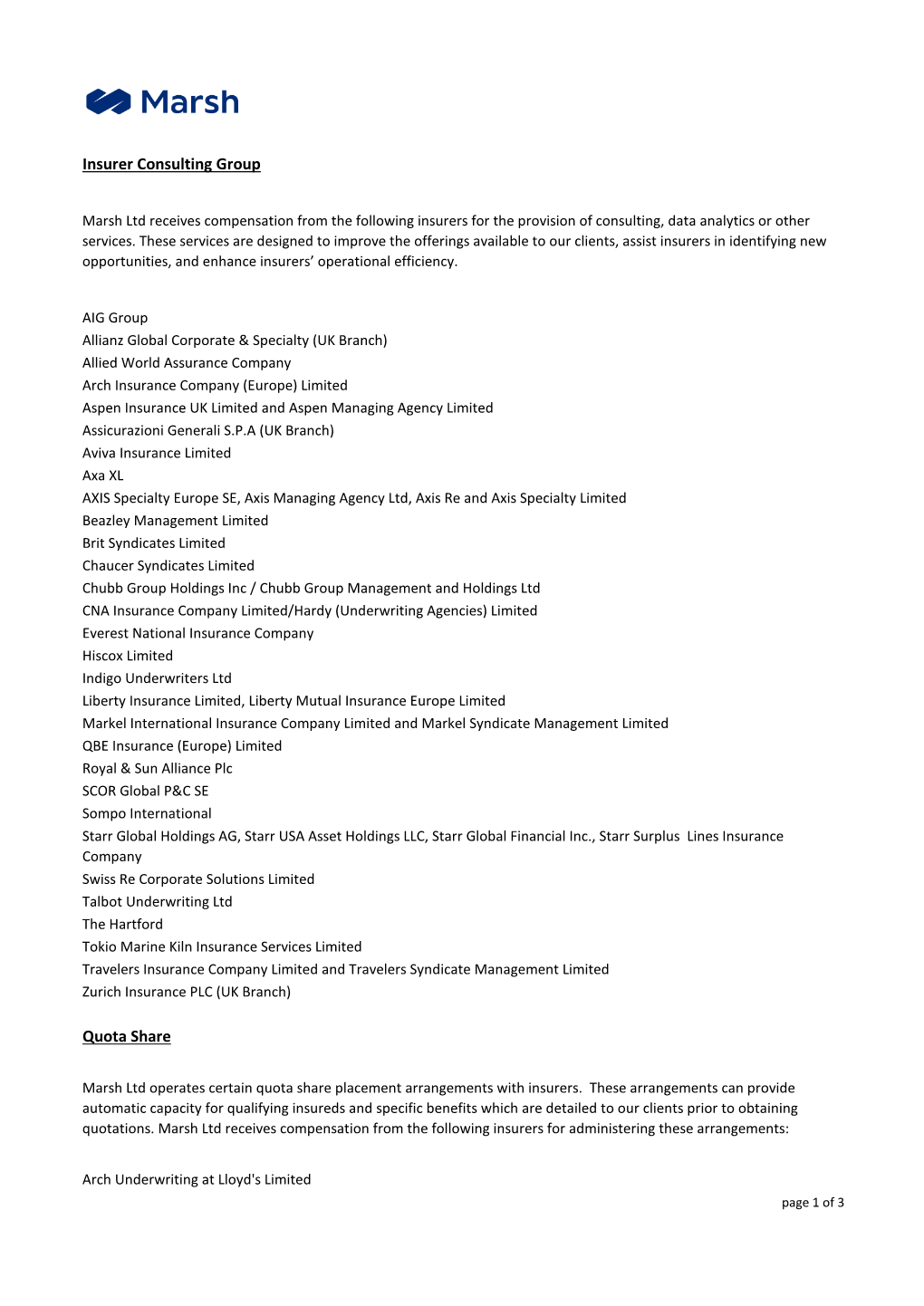 Insurer Consulting Group Quota Share