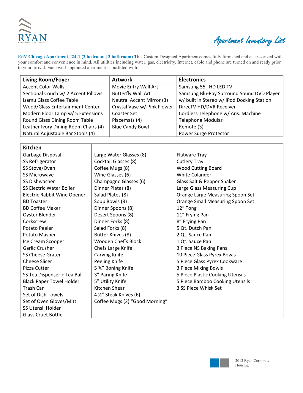 Apartment Inventory List