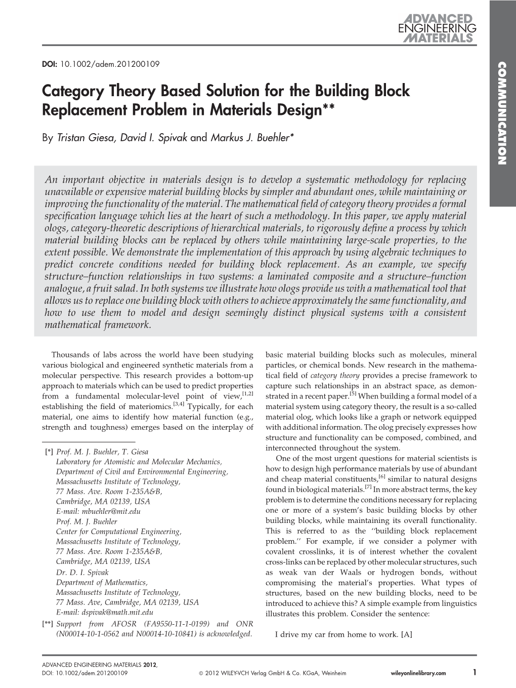 Category Theory Based Solution for the Building Block Replacement Problem in Materials Design**