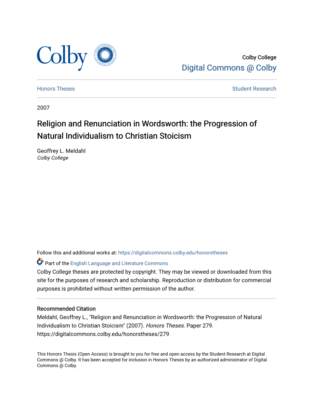 Religion and Renunciation in Wordsworth: the Progression of Natural Individualism to Christian Stoicism