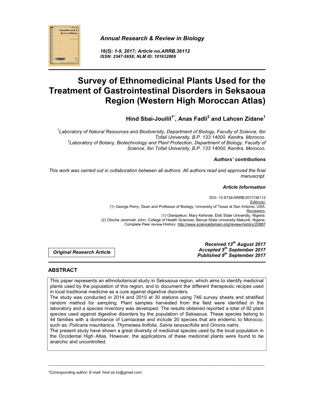 Survey of Ethnomedicinal Plants Used for the Treatment of Gastrointestinal Disorders in Seksaoua Region (Western High Moroccan Atlas)