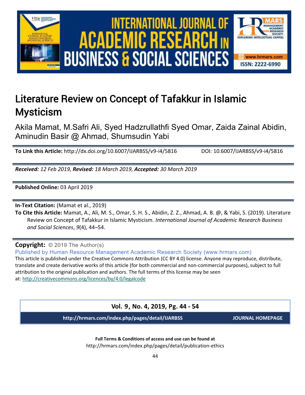 Literature Review on Concept of Tafakkur in Islamic Mysticism