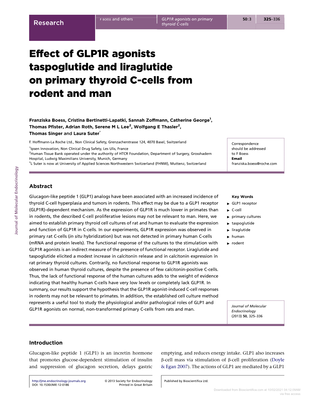 Effect of GLP1R Agonists Taspoglutide and Liraglutide on Primary Thyroid C-Cells from Rodent and Man