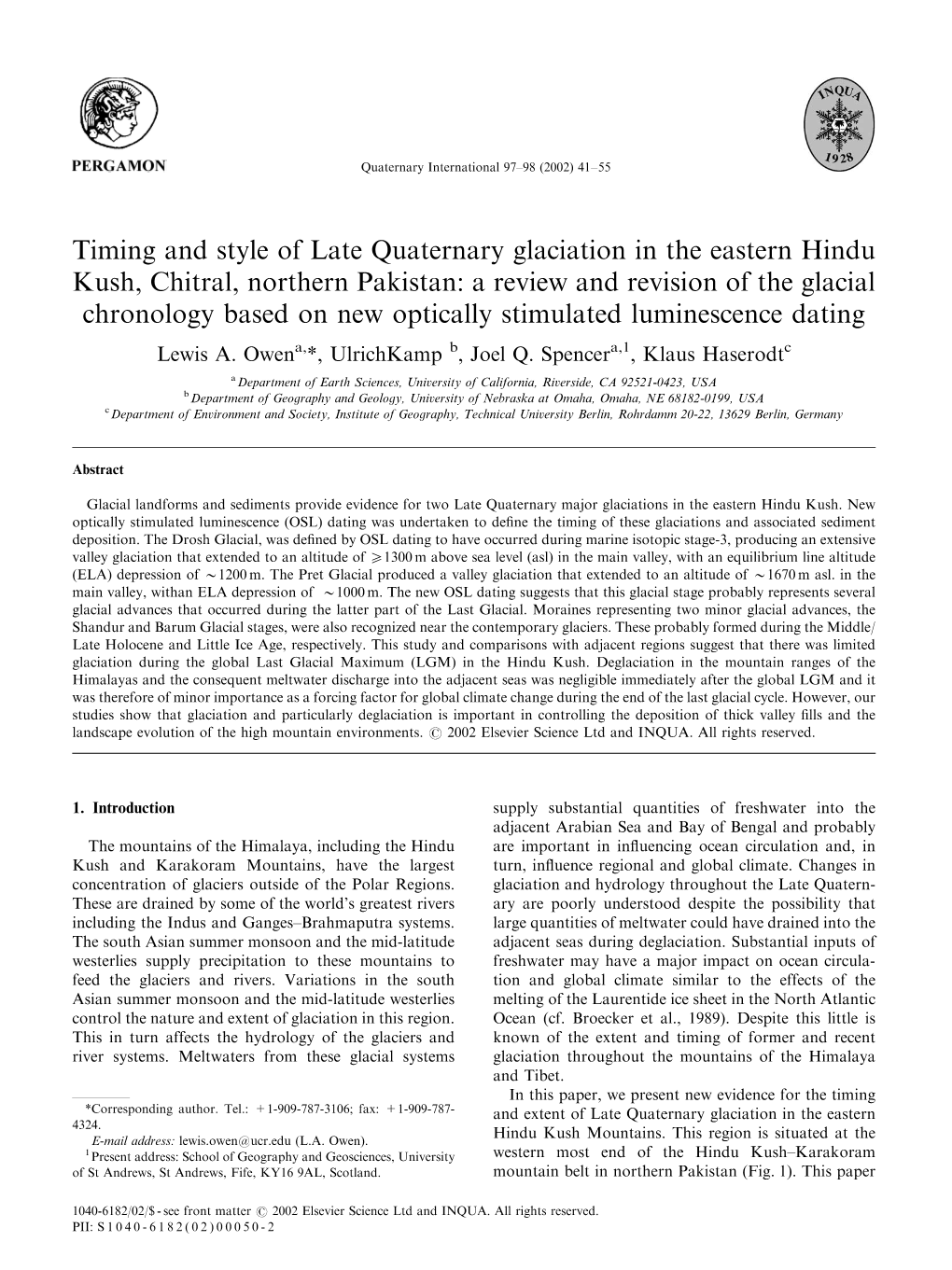 Timing and Style of Late Quaternary Glaciation in the Eastern Hindu