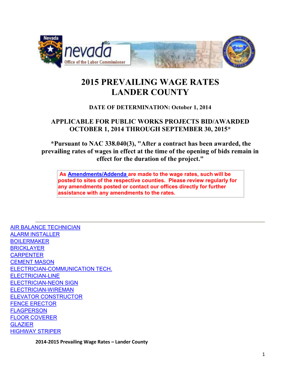 2015 Prevailing Wage Rates Lander County