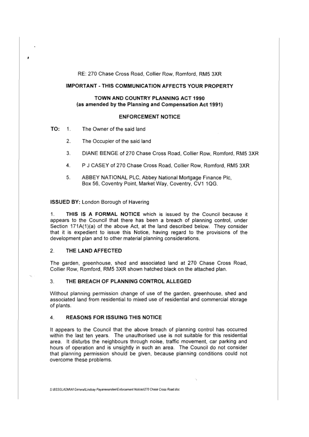 Download 270 Chase Cross Road – Enforcement Notice 13 May 2005